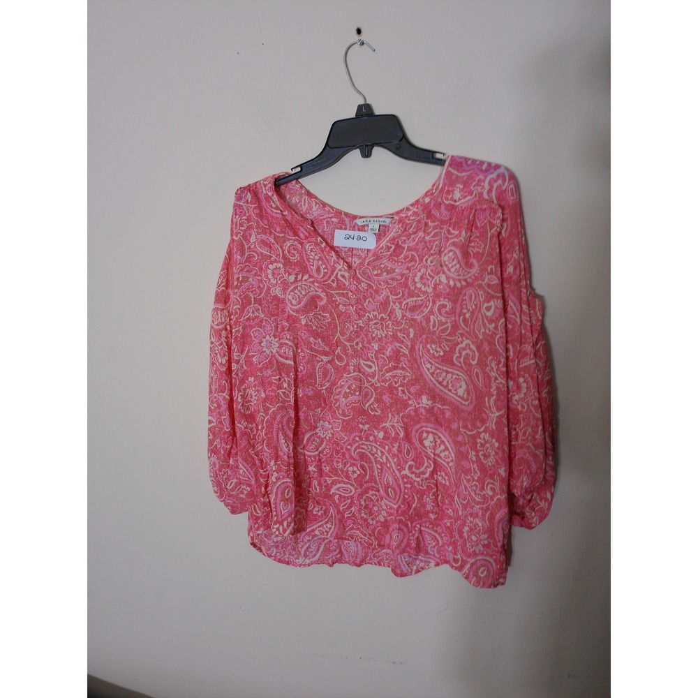 Zac & Rachel Blouse Womens L Pink Paisley V-Neck 3/4 Sleeve Boho Coastal Blouse